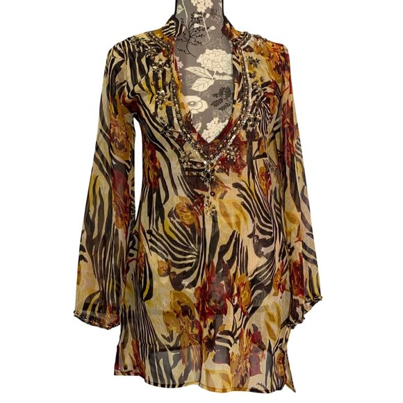 NWT $89 OCEAN BREEZE Embellished Tropical Zebra Swimsuit Coverup Tunic Dress Sm - Picture 1 of 13